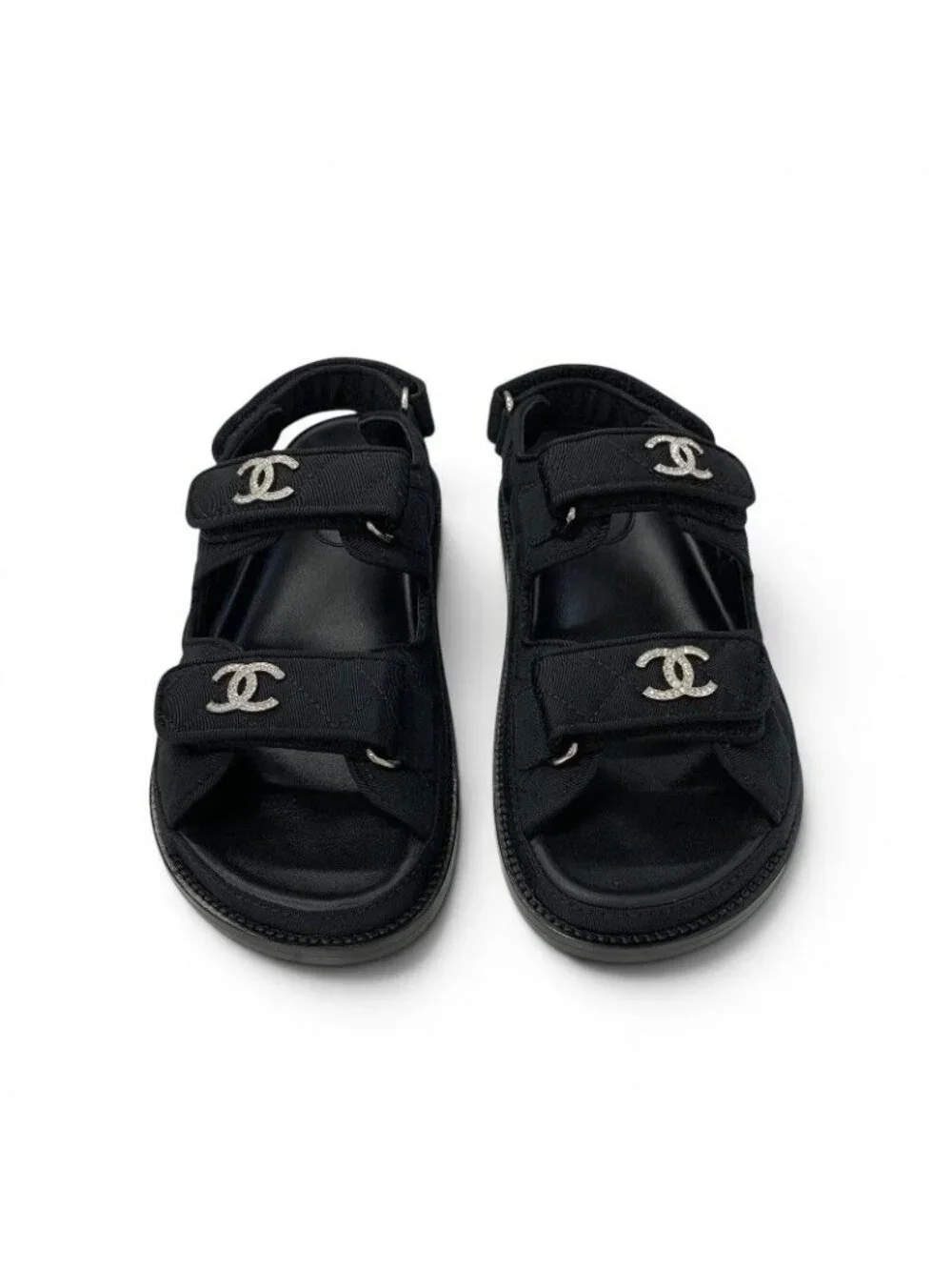 Chanel Sandals Shoes Fabric Black CC Logo Rhinestone Velcro Flat
